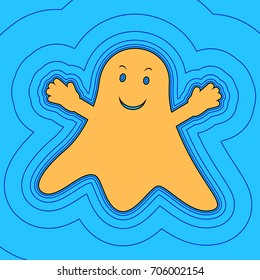 Ghost sign. Vector. Sand color icon with black contour and equidistant blue contours like field at sky blue background. Like waves on map - island in ocean or sea.