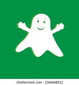 Ghost sign. Vector. White flat icon with yellow striped shadow at green background.