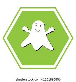 Ghost sign. Vector. White icon with black shadow at yellow green honeycomb on white background.