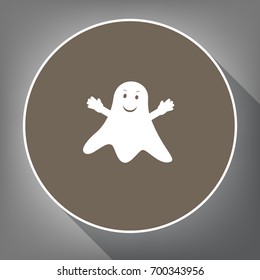 Ghost sign. Vector. White icon on brown circle with white contour and long shadow at gray background. Like top view on postament.