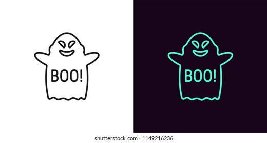 Ghost silhouette in outline style. Vector illustration of Spirit with phrase Boo for Halloween holiday in black and light blue color. Isolated graphic element for Halloween decoration