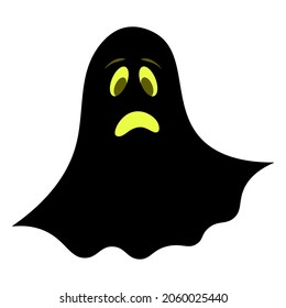 Ghost. Silhouette. Sad facial expression. Vector illustration. Isolated white background. Bringing. Halloween symbol. A frightened grimace. White sheet suit. Spirit. Idea for web design. 