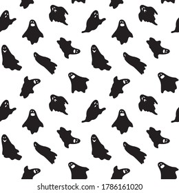 Ghost silhouette seamless pattern for Halloween. With stylish hand drawn cartoon characters and elements. Doodle style vector pattern with ghost. Black ghost on white background