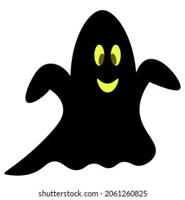 Ghost. Silhouette. Smiling facial expression. Vector illustration. Isolated white background. Bringing. Halloween symbol. Nice grimace. Sheet suit. Spirit. Idea for web design. All Saints' Day.