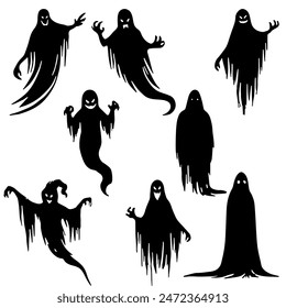 Silueta Fantasma: Espíritu de Halloween espeluznante, Icono de la casa embrujada, Concepto paranormal, Ilustración vectorial plana