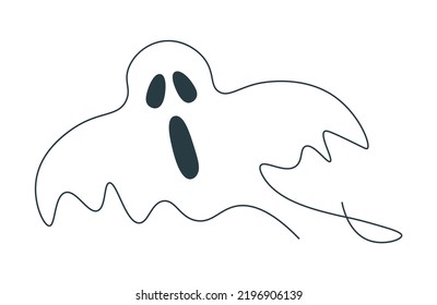 Ghost in single line. Drawing for Halloween with one continuous line. Flying ghost simple linear illustration. Silhouette in doodle style on white isolated background. 