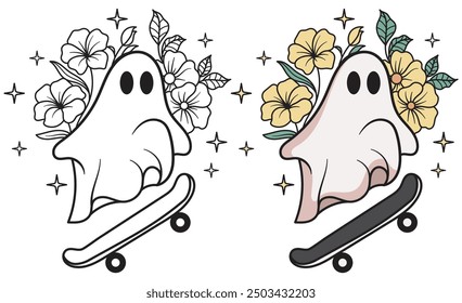 Ghost skater, cute, flowers hand drawn vector