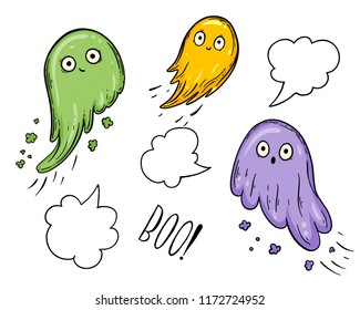 Ghost sketch collection. Hand drawn vector illustration.  Colored design template.