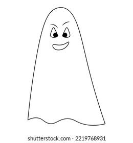 Ghost. Sketch. An evil grin on his face. The floating spirit smiles slyly. Vector illustration. Doodle style. Coloring book for children. Outline on isolated background. Halloween symbol. 