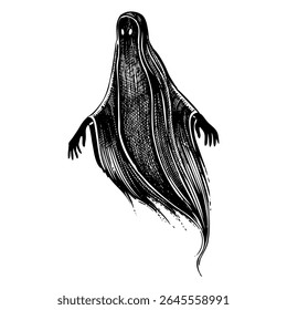 Ghost sketch. Gothic tattoo design. Halloween hand-drawn vector illustration. Black spirit drawing. NOT AI generated