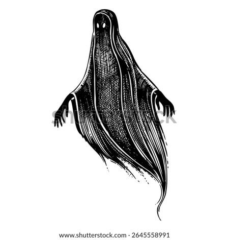 Ghost sketch. Gothic tattoo design. Halloween hand-drawn vector illustration. Black spirit drawing. NOT AI generated
