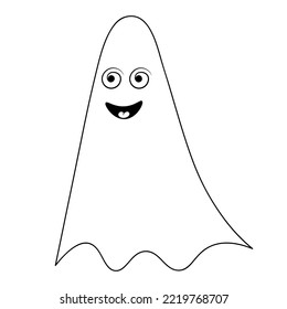 Ghost. Sketch. Mischievous facial expression. Spirit with mesmerizing eyes and smiling. Vector illustration. Doodle style. Coloring book. Casting. Outline on isolated background. Halloween symbol. 