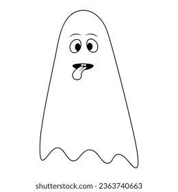 Ghost. Sketch. Naughty toothy spirit shows tongue. Vector illustration. Doodle style. Coloring book for children. Casting. Outline on isolated background. Halloween symbol. White linen suit. 