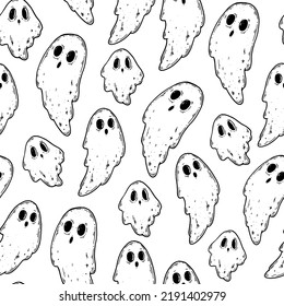 Ghost Sketch Seamless Pattern. Happy Halloween Background. Hand Drawn. Design Template.