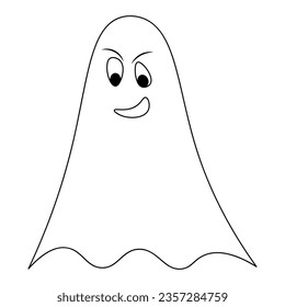 Ghost. Sketch. The soaring spirit grins evilly. Evil squint. Vector illustration. Doodle style. Coloring book for children. Outline on isolated background. Halloween symbol. White linen suit.