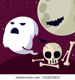 Ghost and skull cartoon design, Halloween holiday horror scary celebration autumn dark and party theme Vector illustration