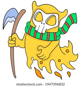 A ghost with a skull faced evil spirit carrying a sharp sword to execute, vector illustration art. doodle icon image kawaii.