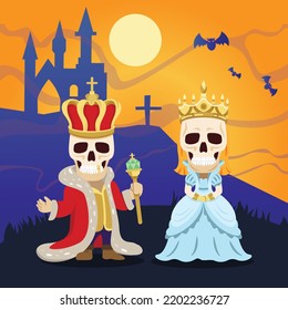 El Rey y la Reina del Calavera Fantasma se casan en el festival de Halloween con el fondo del castillo, truco o tratamiento del personaje de caricatura, vector