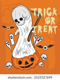 Ghost Skull with Little Scythe and Pumpkin Halloween Trick or Treat