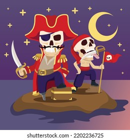 ghost skull pirate holding sword in halloween in desert island background, trick or treating cartoon character, vector