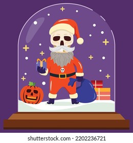 ghost skull santa wearing red shirt holding a gift on halloween in a glass bottle background snowing at night, trick or treating cartoon character, vector