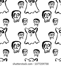 Ghost and skull seamless pattern. Modern grunge dry brush vector illustration.