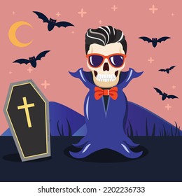 ghost, skull, vampire, wearing a suit with glasses, standing next to the coffin at the halloween festival in the night background, trick or treating cartoon character, vector