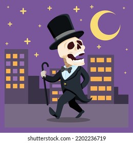 A ghost, a skull wearing a suit, holding a walking stick at the halloween festival in the night city background, trick or treating cartoon character, vector