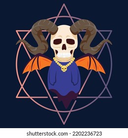 A ghost with a skull with wings flying in the Halloween festival in a cursed star background, trick or treating cartoon character, vector