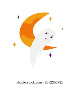 Ghost in the sky with the moon and stars. Vector illustration