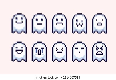 Ghost sonríe el juego de imágenes en píxeles. Colección de emojis poltergeist. Expresiones de Halloween. Sprite de 8 bits. Desarrollo de juegos, aplicación móvil.  Ilustración vectorial aislada.