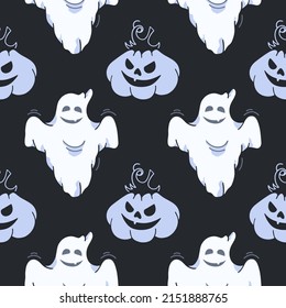 El fantasma y la sonriente calabaza de Halloween, patrón vectorial sin fisuras al estilo de los garabatos, dibujado a mano