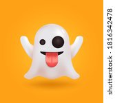 Ghost social media chat emoticon. Cute emoji. Realistic 3D render vector.  Halloween spirit element.