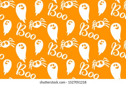 Ghost, spider and boo seamless pattern. White on orange for Halloween party invitation, trick and treat fabric. Spooky vector cartoon funny poltergeist.