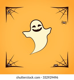 Ghost with spiders on spiderweb isolated on yellow background. Halloween Vector Flat Icon
