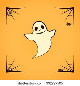 Ghost with spiders on spiderweb isolated on yellow background. Halloween Vector Flat Icon