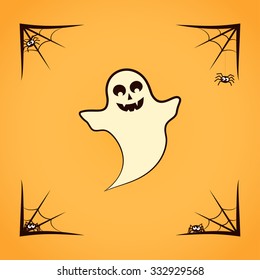 Ghost with spiders on spiderweb isolated on yellow background. Halloween Vector Flat Icon