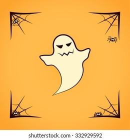Ghost with spiders on spiderweb isolated on yellow background. Halloween Vector Flat Icon
