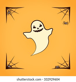 Ghost with spiders on spiderweb isolated on yellow background. Halloween Vector Flat Icon