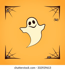 Ghost with spiders on spiderweb isolated on yellow background. Halloween Vector Flat Icon