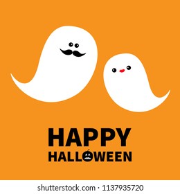 Ghost spirit family set with lips, mustaches. Happy Halloween. Scary white ghosts family. Cute cartoon character. Smiling spooky face cheeks Orange background Greeting card Isolated Flat design Vector