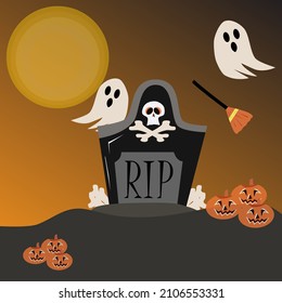 The ghost spirit flies in the graveyard. Scary white ghost. spooky ghost with. Horrible face. Happy Halloween greeting card. black background. Flat design. Vector illustration