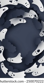 Ghost spirit flying on Halloween night sky. Halloween wallpaper. Happy Halloween. paper cut and craft style. vector, illustration.