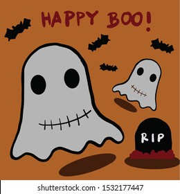 Ghost spirits with black hat and the bats and text (happy boo) on brown background. The concept of Halloween.