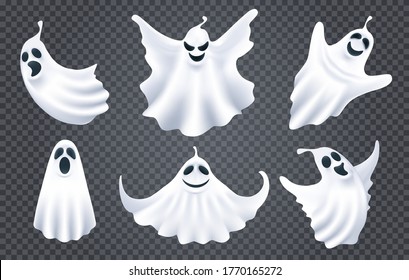Ghost spirits white silhouettes. Cartoon spooky monsters, deadly creatures with scary face shape, cute ghosts characters of horror, evil phantoms isolated on dark transparent background
