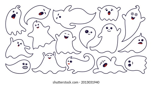 Ghost spook horror contour doodle set. Halloween apparition simple cute and scary ghostly monsters. Funny cutes pooky character design. Fly phantom spirit festive element. Party celebrate vector