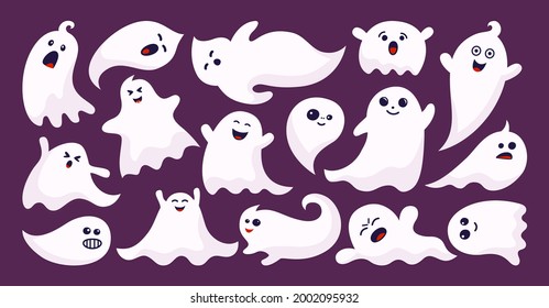 Ghost spook horror flat cartoon set. Halloween apparition simple cute and scary ghostly monsters. Funny cutes pooky character design. Fly phantom spirit festive element. Party celebrate vector