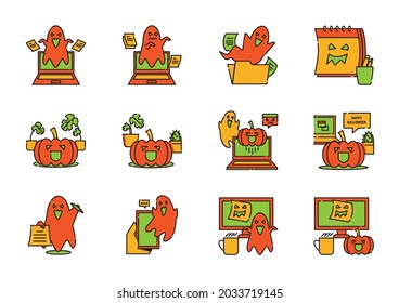 ghost spooky in office workspace color line icon design with spirit,laptop,mobile phone,cup and cactus on halloween day
