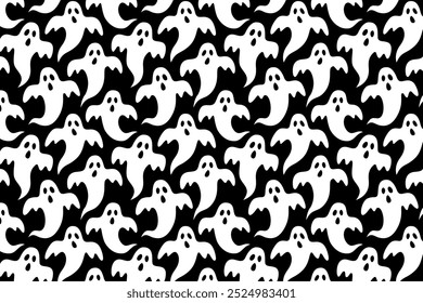 Gespenst, gespenstisch, Phantom nahtloses Muster Hintergrund für Druck auf Textilien, Verpackung, Banner, Karte. Buhmannsfliege, gespenstisches altes Schulmuster auf schwarzem Hintergrund. groovy white ghost flight pattern