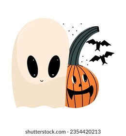 Ghost, spooky pumpkin and bats. Halloween characters. Vector illustration in cartoon style.